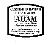 CERTIFIED RATING FREEZER VOLUME AHAM ASSOCIATION OF HOME APPLIANCE MANUFACTURERS MANUFACTURER CERTIFIED TO ASSOCIATION OF HOME APPLIANCE MANUFACTURERS ANSI/AHAM HRF-1-1988