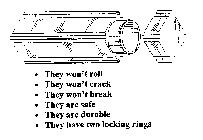 THEY WON'T ROLL THEY WON'T CRACK THEY WON'T BREAK THEY ARE SAFE THEY ARE DURABLE THEY HAVE TWO LOCKING RINGS