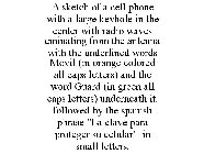 A SKETCH OF A CELL PHONE WITH A LARGE KEYHOLE IN THE CENTER WITH RADIO WAVES EMINATING FROM THE ANTENNA WITH THE UNDERLINED WORDS MOVIL (IN ORANGE COLORED ALL CAPS LETTERS) AND THE WORD GUARD (IN GREE