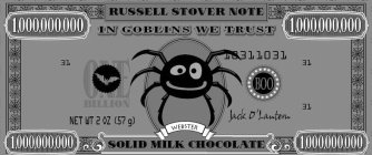 RUSSELL STOVER NOTE 1,000,000,000 IN GOBLINS WE TRUST 1,000,000,000 31 ONE BILLION BOO 10311031 31 NET WT 2 OZ (57 G) WEBSTER JACK O' LANTERN 31 1,000,000,000 SOLID MILK CHOCOLATE 1,000,000,000