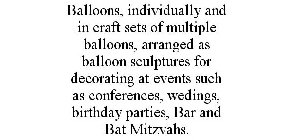 BALLOONS, INDIVIDUALLY AND IN CRAFT SETS OF MULTIPLE BALLOONS, ARRANGED AS BALLOON SCULPTURES FOR DECORATING AT EVENTS SUCH AS CONFERENCES, WEDINGS, BIRTHDAY PARTIES, BAR AND BAT MITZVAHS.