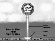 ELEC. GAS WATER SEWER TECH COMM. PIPELIE MARKER ABOVE GROUND FACE INDICATES UNDERGROUND SERVICES PIPELINE MARKE DEPTH INDICATOR  PIPELINE MARKER SADDLE AND STRAP GROUND UNDERGROUND PIPE