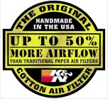 UP TO 50% MORE AIRFLOW THAN TRADITIONAL PAPER AIR FILTERS THE ORIGINAL COTTON AIR FILTER HANDMADE IN THE USA K&N