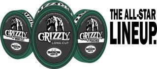 PREMIUM DARK WINTERGREEN GRIZZLY LONG CUT WIDE CUT POUCHES EST. 1900 AMERICAN SNUFF CO. THE ALL-STAR LINEUP.