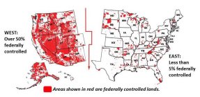 WEST: OVER 50% FEDERALLY CONTROLLED, EAST: LESS THAN 5% FEDERALLY CONTROLLED, AREAS SHOWN IN RED ARE FEDERALLY CONTROLLED LANDS. WA, OR, ID, MT, CO, UT, WY, CA, AZ, NM, NV, AK, HI, ND, SD, NE, KS, OK,