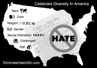 CELEBRATE DIVERSIDTY IN AMERICA RACE COLOR RELIGION GENDER SEXUAL ORIENTATION LGBT+ CHALLENGED AGE HATE ELIMATE HATE USA