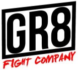 BOLD BLACK LETTERS STATING GR8 INSIDE A RETANGLE BLACK BORDER AND THE LETTERS FIGHT COMPANY IN ITALIC RED LETTERS