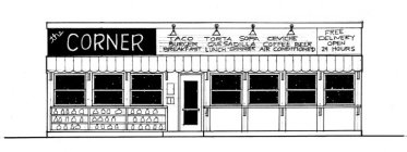 THE CORNER TACO BURGER BREAKFAST TORTA QUESADILLA LUNCH DINNER CEVICHE COFFEE BEER AIR CONDITIONED FREE DELIVERY OPEN 24 HOURS