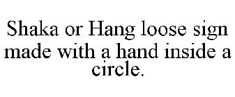 SHAKA OR HANG LOOSE SIGN MADE WITH A HAND INSIDE A CIRCLE.