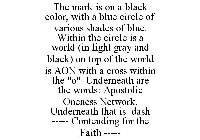 THE MARK IS ON A BLACK COLOR, WITH A BLUE CIRCLE OF VARIOUS SHADES OF BLUE. WITHIN THE CIRCLE IS A WORLD (IN LIGHT GRAY AND BLACK) ON TOP OF THE WORLD IS AON WITH A CROSS WITHIN THE 