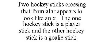 TWO HOCKEY STICKS CROSSING THAT FROM AFAR APPEARS TO LOOK LIKE AN X. THE ONE HOCKEY STICK IS A PLAYER STICK AND THE OTHER HOCKEY STICK IS A GOALIE STICK.