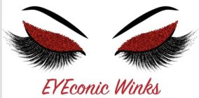 BLACK EYEBROWS, RED GLITTER EYELIDS, BLACK EYELASHES. RED GLITTER STYLIZED WORDING OF EYECONIC WINKS