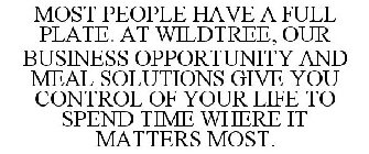 MOST PEOPLE HAVE A FULL PLATE. AT WILDTREE, OUR BUSINESS OPPORTUNITY AND MEAL SOLUTIONS GIVE YOU CONTROL OF YOUR LIFE TO SPEND TIME WHERE IT MATTERS MOST.