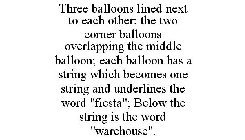 THREE BALLOONS LINED NEXT TO EACH OTHER; THE TWO CORNER BALLOONS OVERLAPPING THE MIDDLE BALLOON; EACH BALLOON HAS A STRING WHICH BECOMES ONE STRING AND UNDERLINES THE WORD 