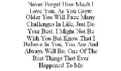 NEVER FORGET HOW MUCH I LOVE YOU. AS YOU GROW OLDER YOU WILL FACE MANY CHALLENGES IN LIFE, JUST DO YOUR BEST. I MIGHT NOT BE WITH YOU BUT KNOW THAT I BELIEVE IN YOU, YOU ARE AND ALWAYS WILL BE, ONE OF