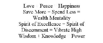 WISDOM + KNOWLEDGE = POWER LOVE + PEACE = HAPPINESS SAVE MORE + SPEND LESS = WEALTH MENTALITY SPIRIT OF EXCELLENCE + SPIRIT OF DISCERNMENT = VIBRATE HIGH