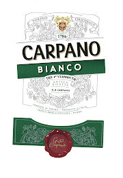 CARPANO BIANCO THE 1ST VERMOUTH ANTICA RICETTA G.B.CARPANO TORINO ORIGINALE 1786 FONDATA IN TORINO PRODOTTO D'ITALIA FRATELLI BRANCA DISTILLERIE MILANO 1786 CARPANO