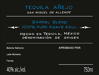 TEQUILA AÑEJO SAN MIGUEL DE ALLENDE BARREL BLEND 100% PURO AGAVE AZUL HECHO EN TEQUILA, MÉXICO DENOMINACIÓN DE ORIGEN BOTELLA NÚMERO: APROBADO POR: LOTE NÚMERO: FECHA: 40% ALC./VOL. 750ML