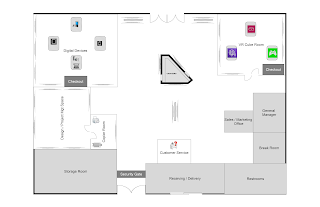 DIGITAL DEVICES CHECKOUT  CASHIERS VR CUBE ROOM CHECKOUT DESIGN / PROJECT MGT SPACE COPIER ROOM STORAGE ROOM SECURITY GATE CUSTOMER SERVICE RECEIVING / DELIVERY SALES / MARKETING OFFICE GENERAL MANAGE