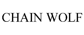 CHAINWOLF WHITE LETTERING ON BLACK BACKGROUND. USED AS PSEUDONYM FOR ARTIST CARLOS MANUEL CHAVEZ AS WELL AS MUSICAL ACT CHAINWOLF. ARTIST ACTIVELY RELEASES MUSIC AND MEDIA UNDER THIS NAME.