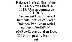 BALANCE CAFE & SMOOTHIES THIS MARK WAS FILED IN 2013. USE IN COMMERCE 9.1.2013 CONCURRENT USE FOR SERIAL NUMBERS: 86035397, WITH BALANCE PAN ASIAN SERIAL NUMBERS: 86468104, 86631641 WAS FINAL IN DEC, 