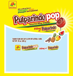 DE LA ROSA WITH ARTIFICIAL FLAVORS: WATERMELON, MANGO, PINEAPPLE AND TAMARIND. PULPARINDOPOP TAMARIND FILLED LOLLIPOPS. FILLING OF: PULPARINDO TAMARIND FILLING HARD CANDY LOLLIPOPS WITH ARTIFICIAL FLA