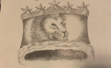 A CROWN WITH A LION FACE WITH 5 STARS AND 5 RHINESTONES BENEATH EACH STAR