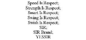 SPEED IS RESPECT; STRENGTH IS RESPECT; SMART IS RESPECT; SWING IS RESPECT; SWISH IS RESPECT; SIR; SIR BRAND; YESSIR