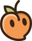 STYLIZED ORANGE PEACH OUTLINED WITH A BLACK LINE HAVING TWO BLACK DOTS REPRESENTING EYES, A GREEN LEAF OUTLINED IN BLACK ON THE TOP OF THE PEACH ALONG WITH A SINGLE BLACK LINE REPRESENTING A STEM OF T