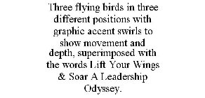 THREE FLYING BIRDS IN THREE DIFFERENT POSITIONS WITH GRAPHIC ACCENT SWIRLS TO SHOW MOVEMENT AND DEPTH, SUPERIMPOSED WITH THE WORDS LIFT YOUR WINGS & SOAR A LEADERSHIP ODYSSEY.