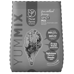 YUMMIX PLANET FARMS GO VERTICAL FROM VERTICAL FARMING SPICY MIX MIZUNA, MUSTARD LEAF, ROCKET GROWN USING 95% LESS WATER AND 90% LESS SOIL THAN OPEN-FIELD FARMING. FREE FROM PESTICIDES. DELICIOUS FLAVO