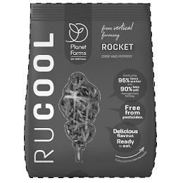 RUCOOL, PLANET FARMS GO VERTICAL, FROM VERTICAL FARMING, ROCKET, CRISP AND PEPPERY, GROWN USING 95% LESS WATER AND 90% LESS SOIL THAN OPEN-FIELD FARMING. FREE FROM PESTICIDES. DELICIOUS FLAVOUR. READY