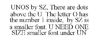 UNOS BY SZ, THERE ARE DOTS ABOVE THE U. THE LETTER O HAS THE NUMBER 1 INSIDE, BY SZ IS A SMALLER FONT. U NEED ONE SIZE SMALLER FONT UNDER UN