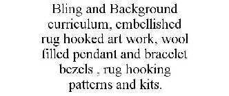 BLING AND BACKGROUND CURRICULUM, EMBELLISHED RUG HOOKED ART WORK, WOOL FILLED PENDANT AND BRACELET BEZELS , RUG HOOKING PATTERNS AND KITS.