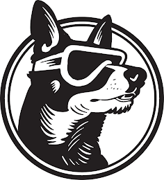 A PROFILE VIEW OF A DOG FACE AND NECK. DOG IS WEARING SAFETY GOGGLES. DOG FACE AND NECK ENCIRCLED IN TWO CIRCLES WITH TIP OF EARS OUTSIDE OF CIRCLE.