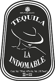 THE WORDS,LA INDOMABLE IN SPANISH WHICH TRANSLATES TO THE INDOMABLE IN ENGLISH . THE DESIGN, A SILHOUETTE OF A WOMAN WITH A HAT LOOKING DOWNWARDS WITH ONLY THE SILHOUETTE OF HER SHOULDERS.