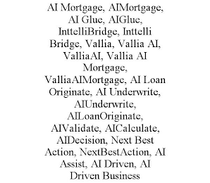 AI MORTGAGE, AIMORTGAGE, AI GLUE, AIGLUE, INTTELLIBRIDGE, INTTELLI BRIDGE, VALLIA, VALLIA AI, VALLIAAI, VALLIA AI MORTGAGE, VALLIAAIMORTGAGE, AI LOAN ORIGINATE, AI UNDERWRITE, AIUNDERWRITE, AILOANORIG