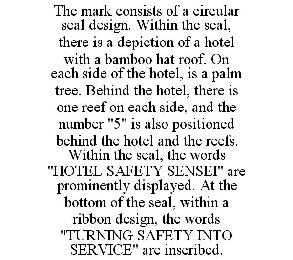 THE MARK CONSISTS OF A CIRCULAR SEAL DESIGN. WITHIN THE SEAL, THERE IS A DEPICTION OF A HOTEL WITH A BAMBOO HAT ROOF. ON EACH SIDE OF THE HOTEL, IS A PALM TREE. BEHIND THE HOTEL, THERE IS ONE REEF ON 