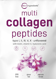 MICROINGREDIENTS MULTI COLLAGEN PEPTIDES TYPE I, II, III, V, X UNFLAVORED WITH BIOTIN, VITAMIN C, HYALURONIC ACID GMO FREE GRASS FED PASTURE RAISED