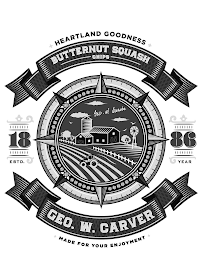 HEARTLAND GOODNESS BUTTERNUT SQUASH CHIPS GEO. W. CARVER 18 86 ESTD. YEAR GEO. W. CARVER MADE FOR YOUR ENJOYMENT