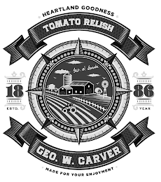 HEARTLAND GOODNESS TOMATO RELISH GEO. W. CARVER 18 86 ESTD. YEAR GEO. W. CARVER MADE FOR YOUR ENJOYMENT