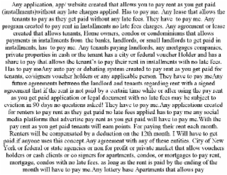 ANY APPLICATION, APP/ WEBSITE CREATED THAT ALLOWS YOU TO PAY RENT AS YOU GET PAID (INSTALLMENTS)WITHOUT ANY LATE CHARGES APPLIED. HAS TO PAY ME. ANY LEASE THAT ALLOWS THE TENANTS TO PAY AS THEY GET PA