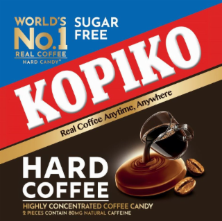 WORLD'S NO. 1 REAL COFFEE CANDY SUGAR FREE KOPIKO REAL COFFEE ANYTIME, ANYWHERE HARD COFFEE HIGHLY CONCENTRATED COFFEE CANDY 2 PIECES CONTAIN 80MG NATURAL CAFFEINE