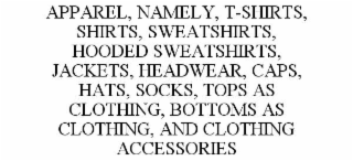 APPAREL, NAMELY, T-SHIRTS, SHIRTS, SWEATSHIRTS, HOODED SWEATSHIRTS, JACKETS, HEADWEAR, CAPS, HATS, SOCKS, TOPS AS CLOTHING, BOTTOMS AS CLOTHING, AND CLOTHING ACCESSORIES