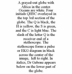 A GRAYED-OUT GLOBE WITH AFRICA IN THE CENTER. OCEANS ARE WHITE. FOUR INITIALS QHSC OVERLAYED IN THE TOP 3RD SECTION OF THE GLOBE. THE Q IS BLACK, THE H IS YELLOW, THE S IS GREEN, AND THE C IS LIGHT BL