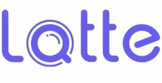 THE WORD LATTE, IS IN PURPLE LETTERS WITH THE LETTER A DESIGNED AS A SIMPLE CUP OF LATTE ON A SAUCER WITH THE HANDLE FACING DOWNWARD
