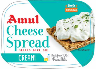 AMUL CHEESE SPREAD SPREAD. BAKE. DIP.  CREAMI MADE FROM 100% PURE MILK SIMPLY DELICIOUS SERVING SUGGESTION