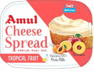 AMUL CHEESE SPREAD TROPICAL FRUIT SPREAD. BAKE. DIP. MADE FROM 100% PURE MILK SIMPLY DELICIOUS SERVING SUGGESTION