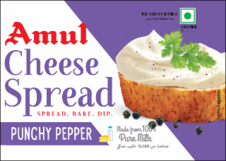 AMUL CHEESE SPREAD SPREAD. BAKE. DIP. PUNCHY PEPPER PROCESSED CHEESE SPREAD VEGETARIAN MADE FROM 100% PURE MILK SERVING SUGGESTION