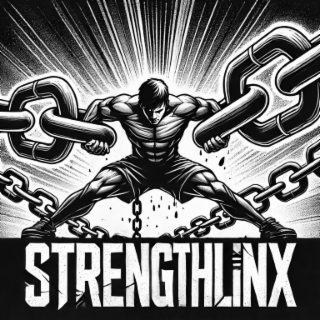 THE IMAGE SHOWS A POWERFUL AND MUSCULAR MAN ATTEMPTING TO RECONNECT TWO LARGE BROKEN CHAINS. HIS STANCE IS WIDE AND GROUNDED, EMPHASIZING HIS DETERMINATION AND STRENGTH AS HE PULLS THE BROKEN ENDS OF 